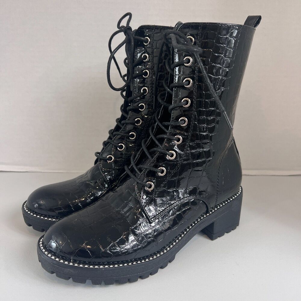 Shein Women Crocodile Embossed Lace-up Combat Boots Black Size 6.5 (37)